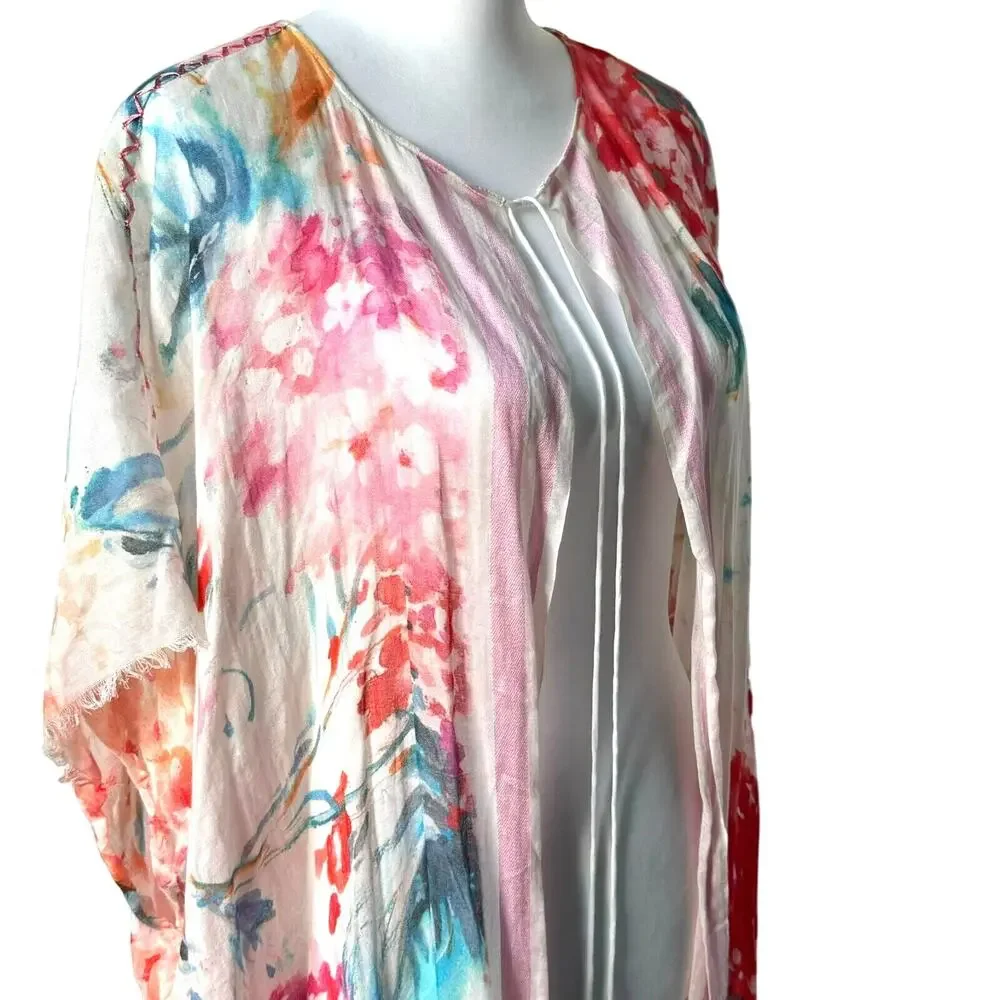 LAGUNA Watercolor Floral Silk Cotton Long Open Swim Cover Up Kaftan Kimono Boho‎